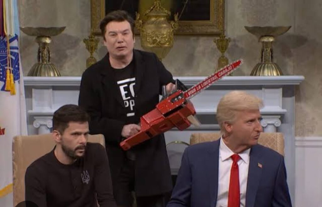 Mikey Day, Mike Myers and James Austin Johnson on 'Saturday Night Live' on March 1, 2025. photo NBC