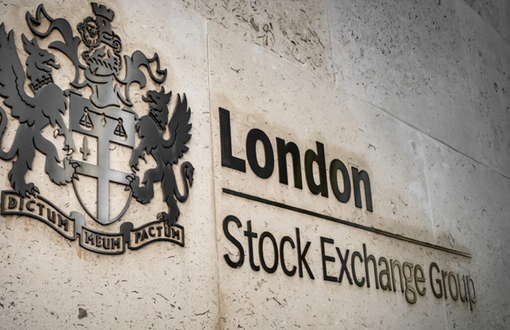 In an undated stock photo, LSEG signage is seen on screens London Stock Exchange in London